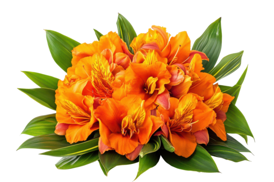 Vibrant orange lily bouquet with green foliage isolated on transparent background. Vibrant bouquet of orange flowers arranged beautifully isolated on white background.