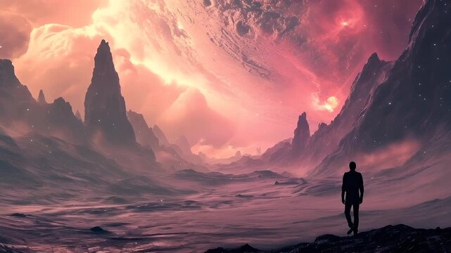 Digital art scifi wallpaper background. A digital artwork depicting a solitary figure standing on a rocky outcrop overlooking a vast expanse of water. The sky above is a vivid blend of reds.