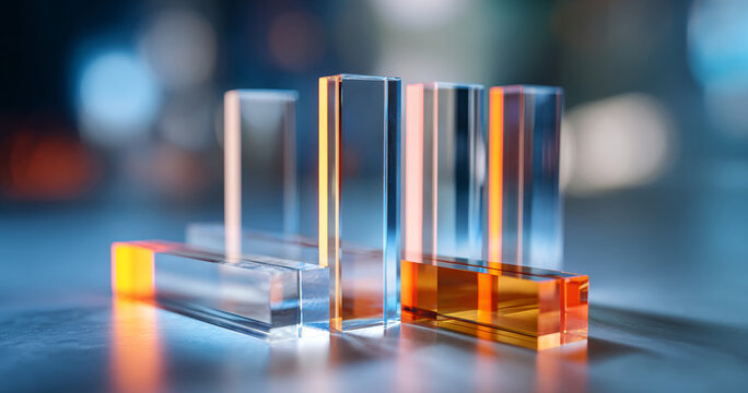 Abstract composition of transparent and orange glass rectangular prisms arranged on reflective surface with blurred colorful background