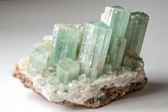 A cluster of pale green Beryl crystals in a natural formation