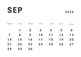 Monthly page Calendar Planner Template design of September 2026. Vector layout of calendar with week start Monday for Scheduling. Page for size A4 or 21x29.7 cm