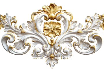 Ornate white and gold baroque decorative element isolated on transparent background.