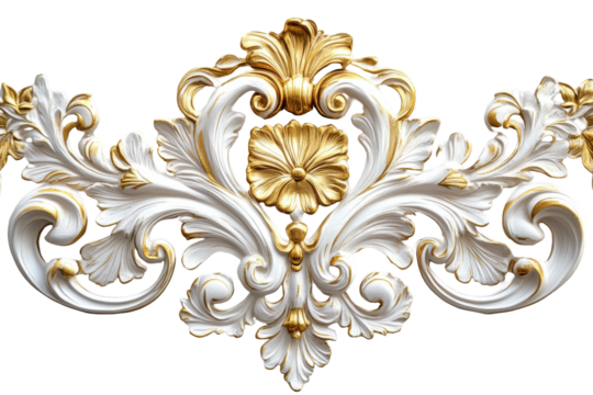 Ornate white and gold baroque decorative element isolated on transparent background. - Powered by Adobe