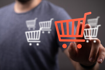 Digital shopping concept featuring shopping cart icon. E-commerce, online purchases, and consumerism illustration. Internet sales, buying, and r