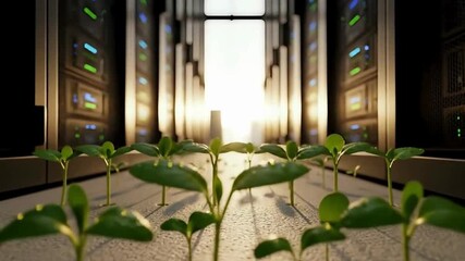 Growing technology shows vibrant green sprouts in a modern server room representing growth and innovation in data solutions - Powered by Adobe