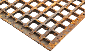 Rusty metal grate with square openings isolated on transparent background. Antique rusty metal grid with a weathered texture isolated on white background.