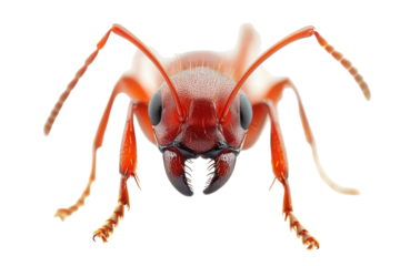 Close up macro photography of a red ant's head isolated on transparent background. Ants isolated on white background.