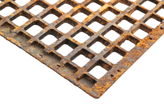 Rusty metal grate with square openings isolated on transparent background. Antique rusty metal grid with a weathered texture isolated on white background.