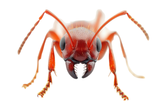 Close up macro photography of a red ant's head isolated on transparent background. Ants isolated on white background.