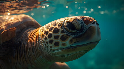 Fototapeta premium Close-up underwater portrait of a wise sea turtle