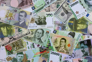 Money background, currency, paper banknotes from different countries. Money cash currency, green
