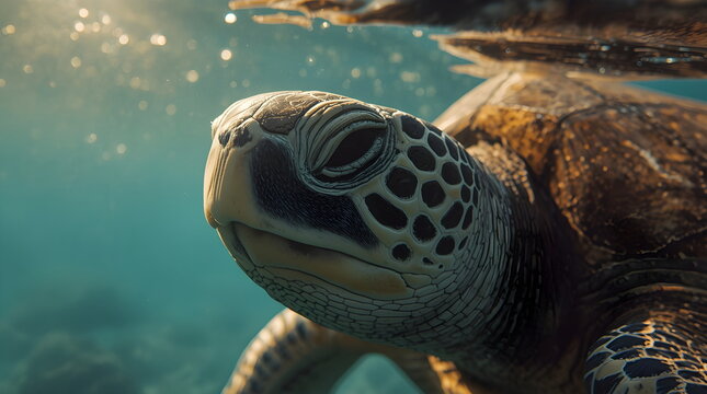 Close-up underwater portrait of a wise sea turtle