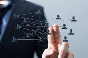 Visual representation of business networking and social media connections with finger pointing to people, concept of teamwork, communication and
