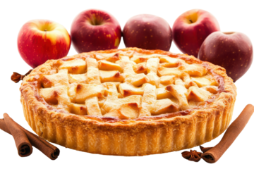 Delicious apple tart with fresh apples and cinnamon isolated on transparent background. Apple pie isolated on white background.