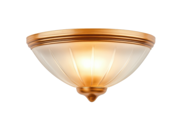 Elegant frosted glass ceiling light fixture with ornate brass trim isolated on transparent background.