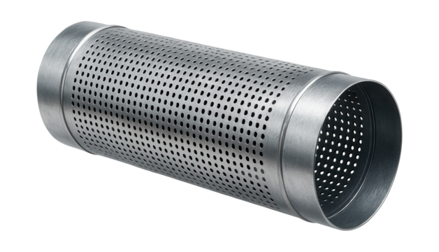 Galvanized steel duct with perforations for noise reduction in office spaces.