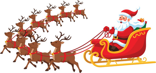 Santa claus riding in his sleigh being pulled by reindeer on christmas eve night