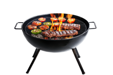 Barbecue grill with meat and vegetables cooking over flames isolated on transparent background. Barbecue grill isolated on white background.
