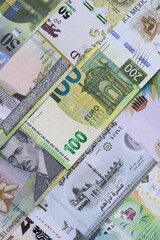 Money background, currency, paper banknotes from different countries. Money cash currency, green