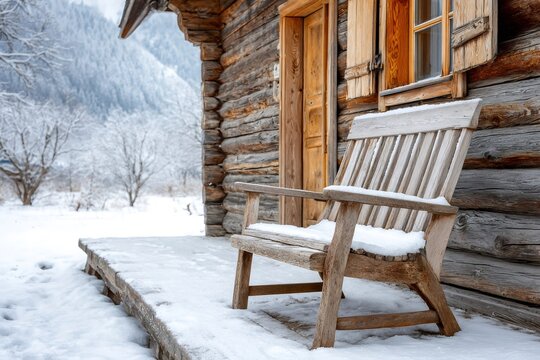 Wooden chair on log cabin porch in winter snow