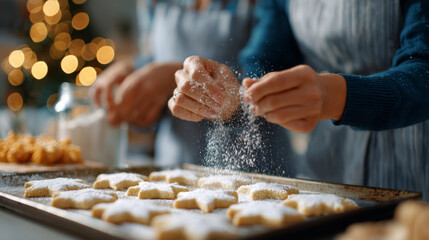 Obraz premium Hands sprinkling powdered sugar on freshly baked star-shaped cookies on a baking tray with festive holiday lights in the background