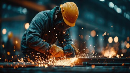 Worker in Safety Gear Grinding Metal with Sparks Flying in Industrial Workshop Creating a Dynamic and Energetic Atmosphere for Manufacturing