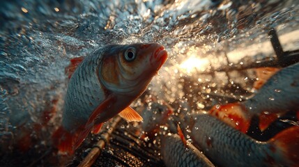 Close-Up of a Vibrant Fish Breaking the Surface of Water, with Glimmering Bubbles and a Stunning Sunset in the Background