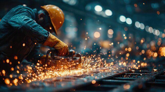 Skilled worker using cutting tool in industrial workshop, sparks flying, warm tones, dramatic lighting, focused craftsmanship, heavy machinery background, factory environment