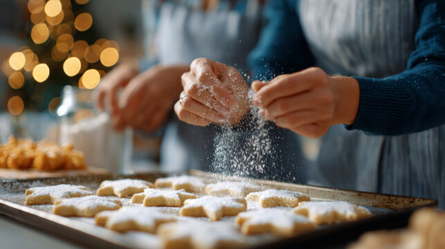Hands sprinkling powdered sugar on freshly baked star-shaped cookies on a baking tray with festive holiday lights in the background