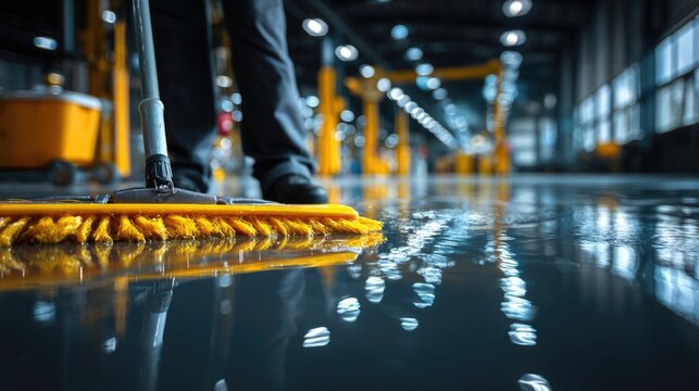 Professional Cleaner Using Yellow Mop on Wet Floor in Modern Industrial Warehouse with Reflections and Bright Lighting