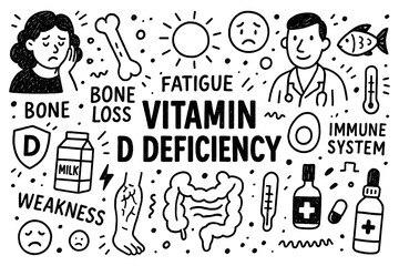 Vitamin D deficiency doodle composition with people, sun, and bone health icons, Transparent Background