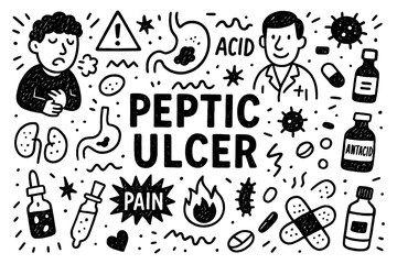 Peptic ulcer doodle composition with doctors, stomach pain, and acid icons, Transparent Background