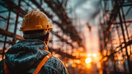 Construction Worker Observing Sunset Over Building Site with Scaffolding at Dusk, Warm Tones, Safety Gear, Industrial Background, Urban Development