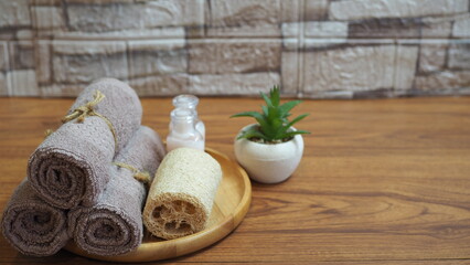 A relaxing spa composition featuring rolled towels, natural loofah, skincare bottles, and a small succulent plant on a wooden tray, creating a calm wellness and beauty atmosphere.