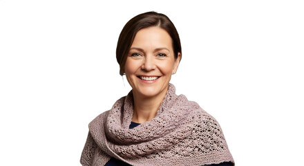 Smiling 58-63-year-old Caucasian woman, a professional knitter, showcasing a complex hand-knitted shawl. Ideal for winter market ads, artisan features, holiday gift guides,