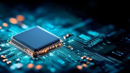 Microchip on circuit board for data processing. Artificial intelligence and computer hardware technology concept - Powered by Adobe