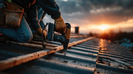 Construction Worker Using Power Drill on Roof at Sunset, Metal Roof Installation, Hands-on Trade, Skilled Labor, Residential Housing Project Perspective