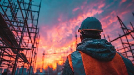 Construction Worker Observing Beautiful Sunset Over Construction Site with Scaffolding and City Skyline in Background