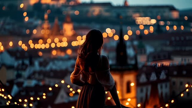 Prague, Czech Republic, Europe. A silhouette of a woman standing on a ledge overlooking a cityscape during twilight. The city lights cast a warm, golden hue over the scene, creating a bokeh effect.