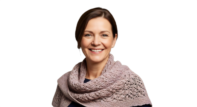 Smiling 58-63-year-old Caucasian woman, a professional knitter, showcasing a complex hand-knitted shawl. Ideal for winter market ads, artisan features, holiday gift guides,