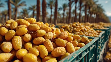 Fresh Harvest of Golden Dates in Sunlit Orchard Surrounded by Lush Palm Trees on a Bright Sunny Day in Agricultural Paradise