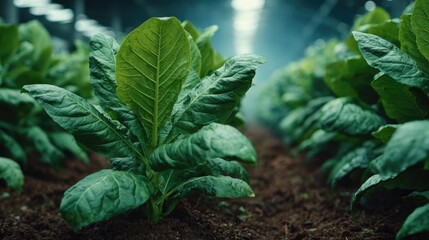 Fresh Green Tobacco Plants Growing in Indoor Farm Environment, Lush Leaves and Soil, Agricultural Production, Sustainable Practices, Close-Up View