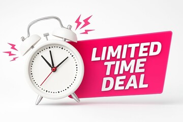 Vintage alarm clock ringing urgently next to a bright pink limited time deal sign
