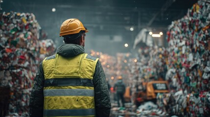 Warehouse Worker in Safety Gear Overlooks Waste Recycling Facility Filled with Piled Waste Materials and Heavy Machinery Operating Efficiently