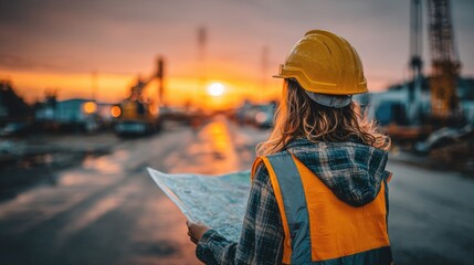 Construction Worker Reviewing Plans at Sunset on Job Site with Safety Gear, Warm Light, Urban Background, Professional Construction Environment, Day's End