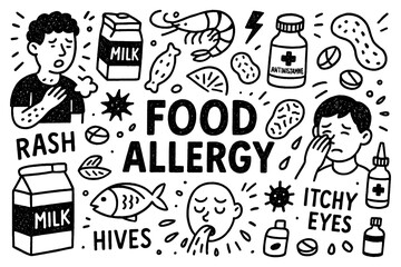 Food allergy doodle composition with symptoms, foods, and medical treatment icons, Transparent Background