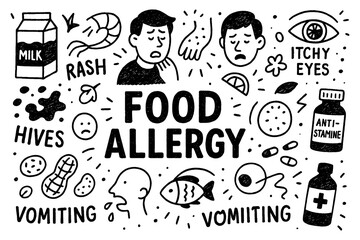 Food allergy doodle composition with symptoms, foods, and medical treatment icons, Transparent Background