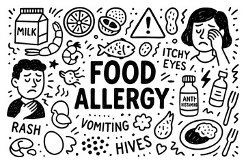 Food allergy doodle composition with symptoms, foods, and medical treatment icons, Transparent Background
