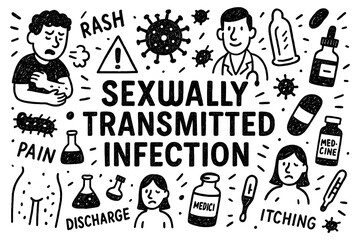 Sexually transmitted infection doodle composition with doctors, symptoms, and medical icons, Transparent Background