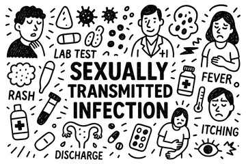 Sexually transmitted infection doodle composition with doctors, symptoms, and medical icons, Transparent Background